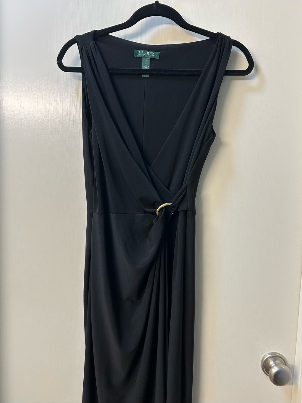 Ralph Lauren Black Sleeveless Wrap Midi Dress with Gold Buckle